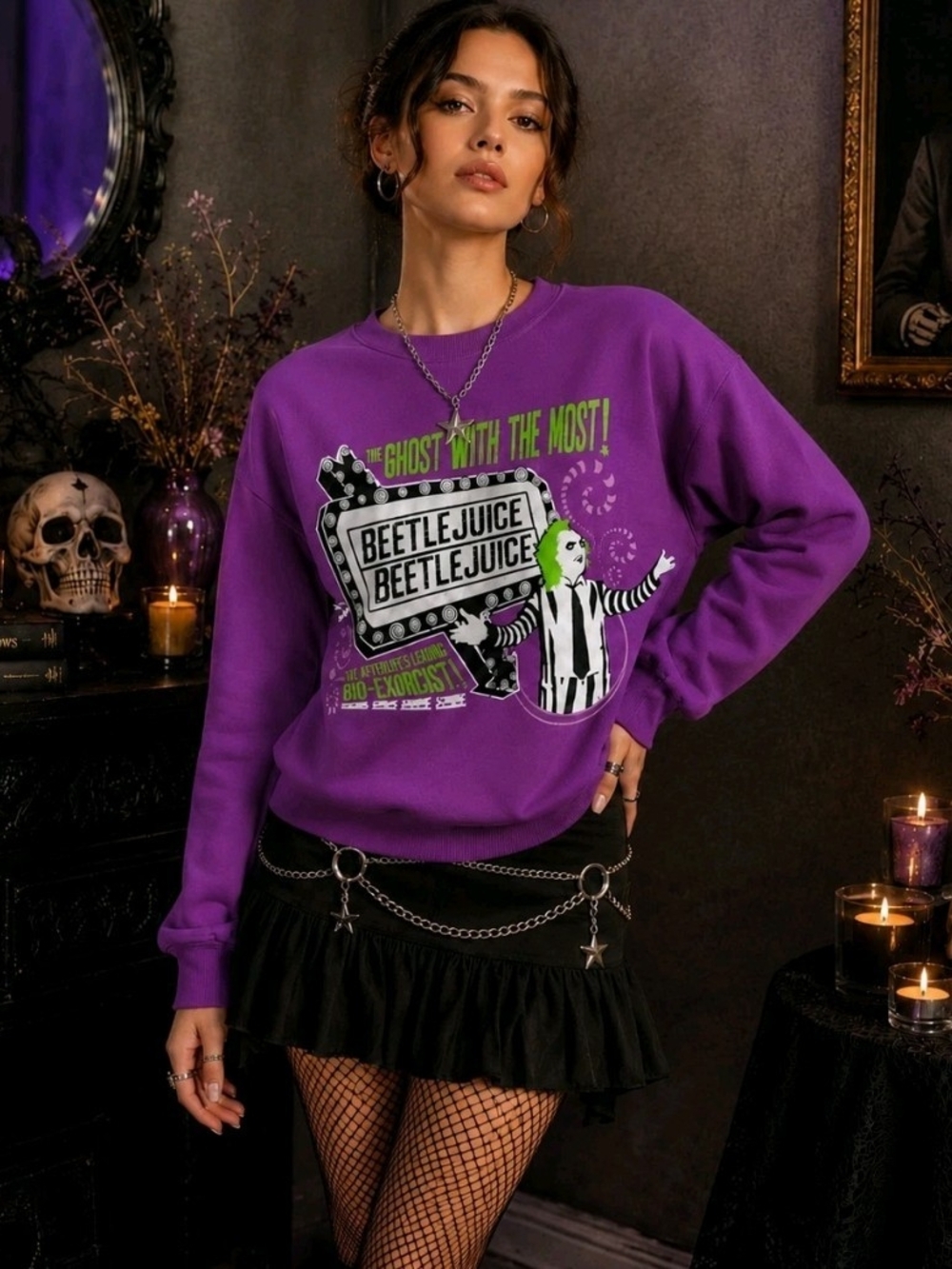 Purple Beetlejuice Graphic Sweatshirt White Its Show Time Halloween Size XS